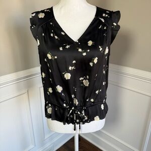 Banana Republic Black Satin  Waist Tie Blouse Elegant Top Size Petite Medium